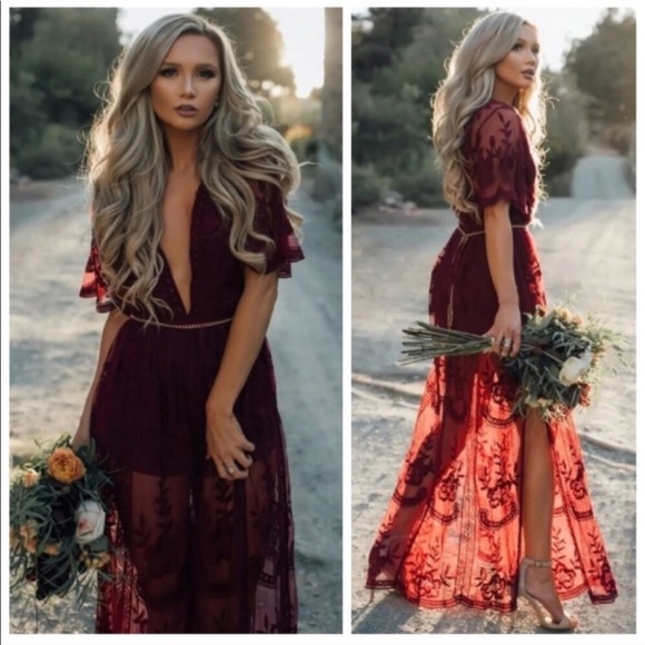 HauteCakes Boutique Dresses & Skirts - SALE🌷Boho floral lacy romper maxi dress wine